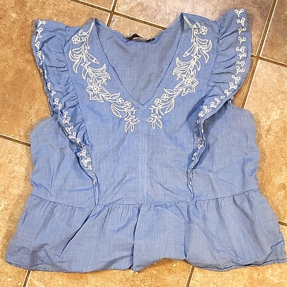 LOFT Blue Ruffled Peplum Blouse